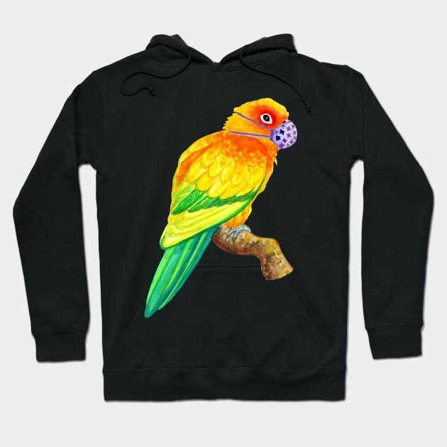 Sun Conure Parrot Wearing Face Mask Watercolor Hoodie by IvyLilyArt